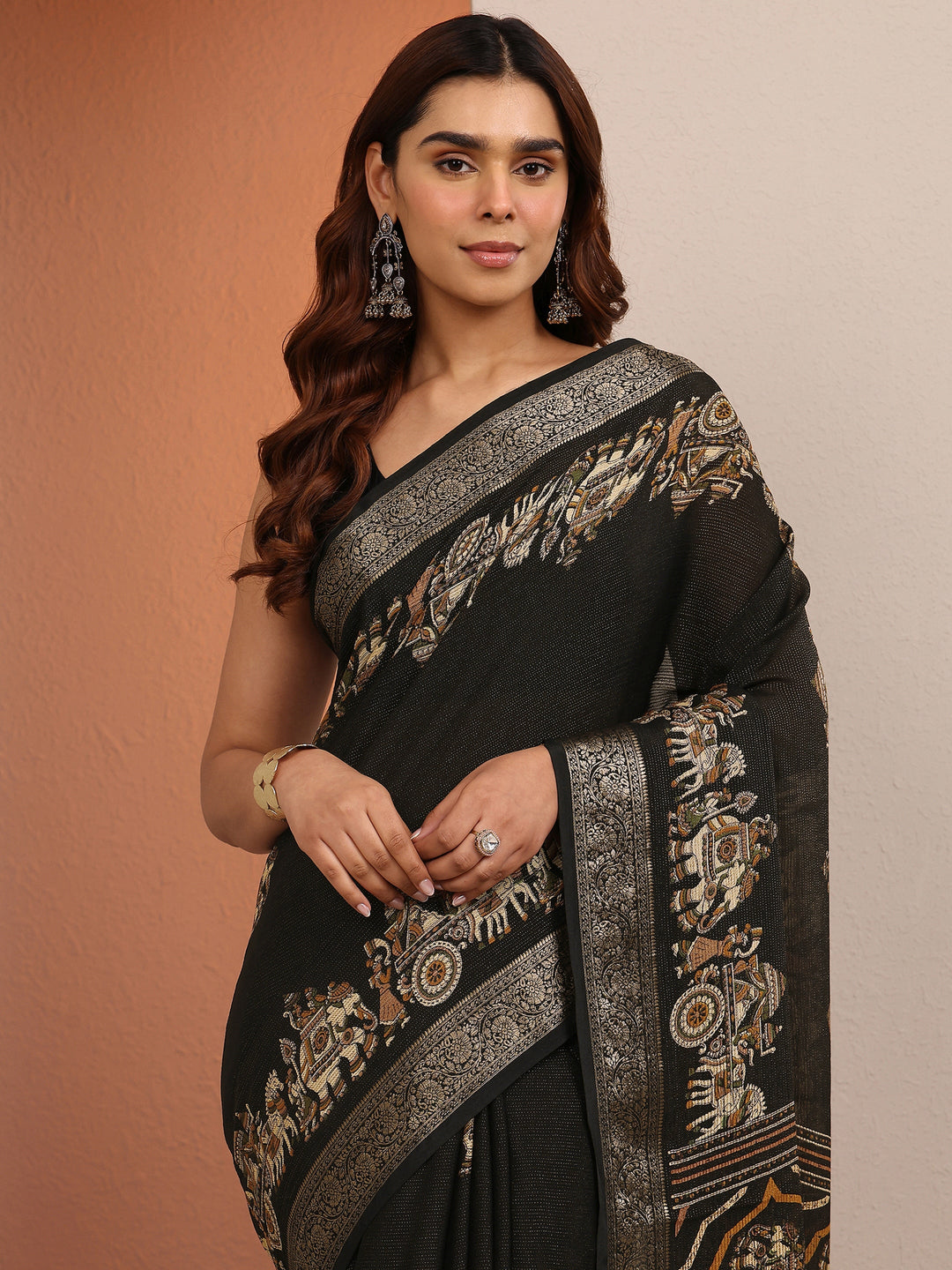 Black Tribal Printed Silk Blend Saree With Unstitched Blouse Piece