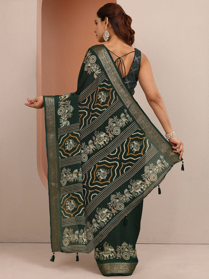 Green Tribal Printed Silk Blend Saree With Unstitched Blouse Piece