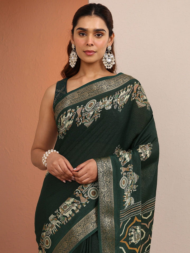 Green Tribal Printed Silk Blend Saree With Unstitched Blouse Piece