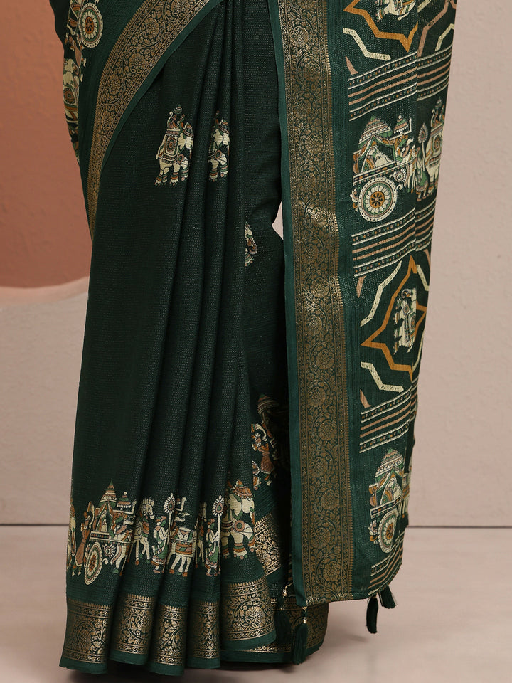 Green Tribal Printed Silk Blend Saree With Unstitched Blouse Piece