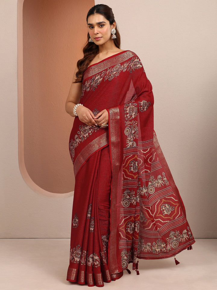 Red Tribal Printed Silk Blend Saree With Unstitched Blouse Piece