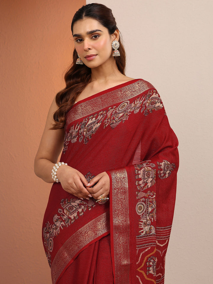 Red Tribal Printed Silk Blend Saree With Unstitched Blouse Piece