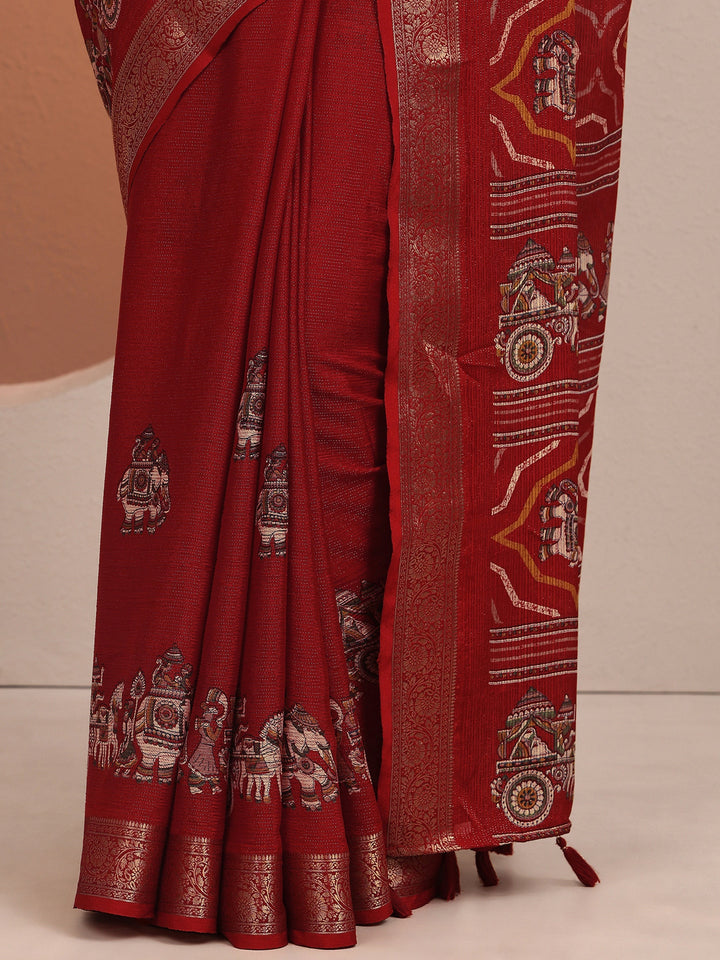 Red Tribal Printed Silk Blend Saree With Unstitched Blouse Piece
