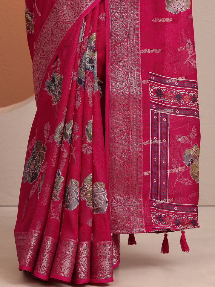 Pink Printed Silk Blend Saree With Unstitched Blouse Piece
