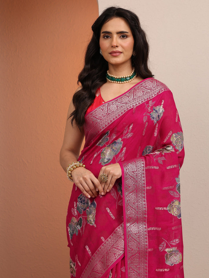 Pink Printed Silk Blend Saree With Unstitched Blouse Piece