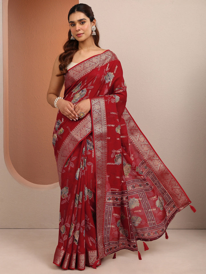 Red Printed Silk Blend Saree With Unstitched Blouse Piece