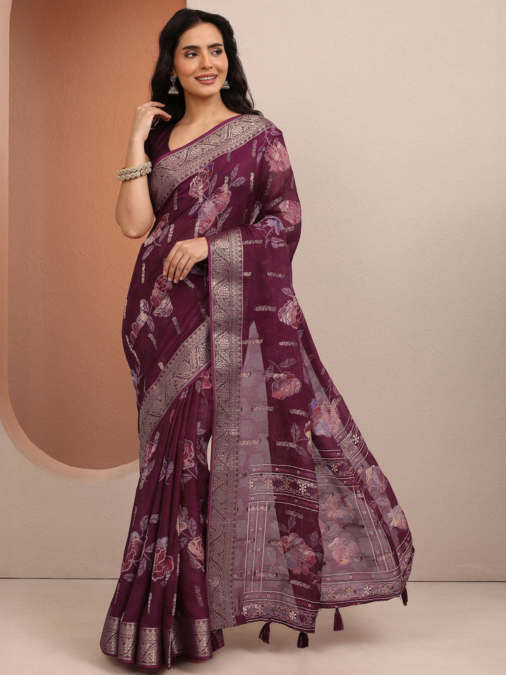 Burgundy Printed Silk Blend Saree With Unstitched Blouse Piece