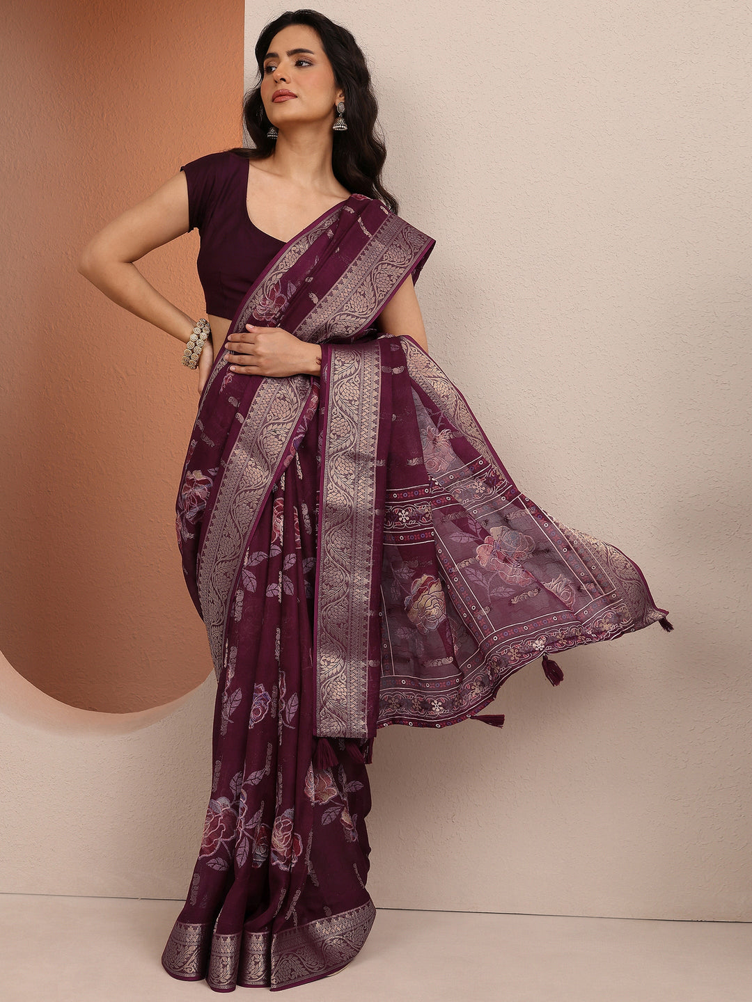 Burgundy Printed Silk Blend Saree With Unstitched Blouse Piece