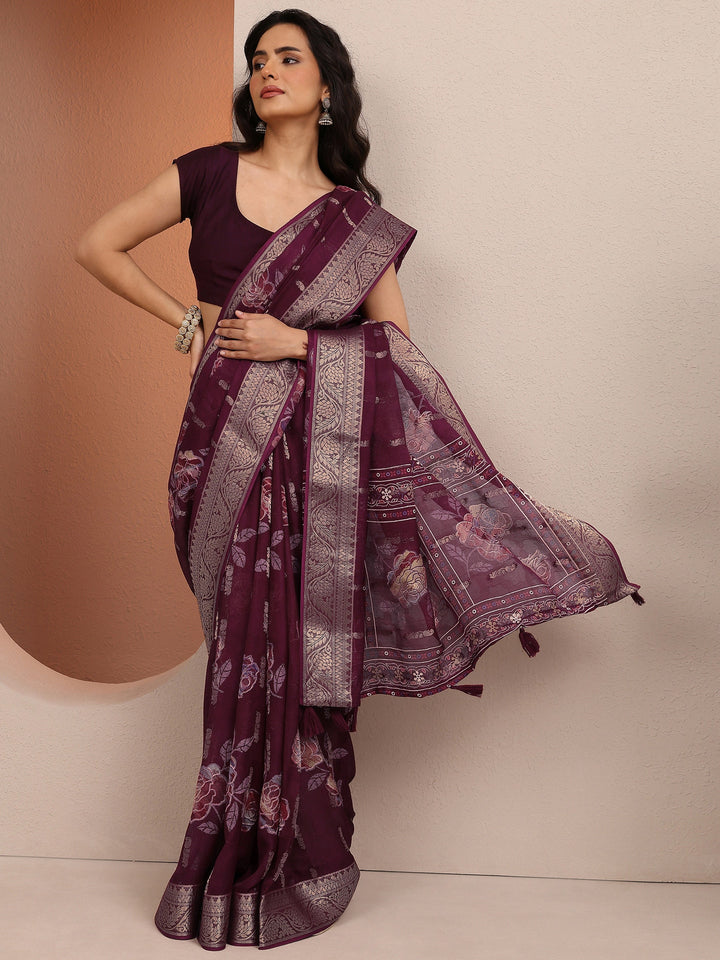 Burgundy Printed Silk Blend Saree With Unstitched Blouse Piece