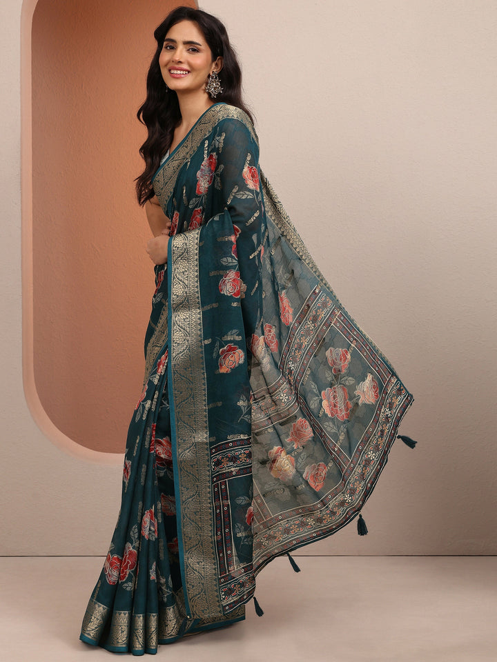 Blue Printed Silk Blend Saree With Unstitched Blouse Piece