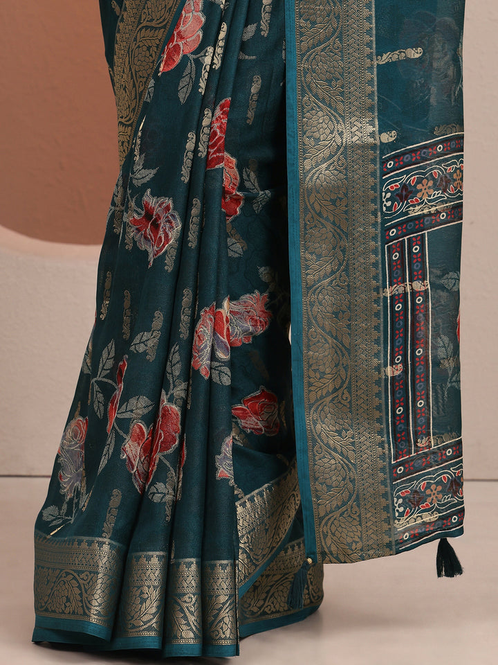Blue Printed Silk Blend Saree With Unstitched Blouse Piece