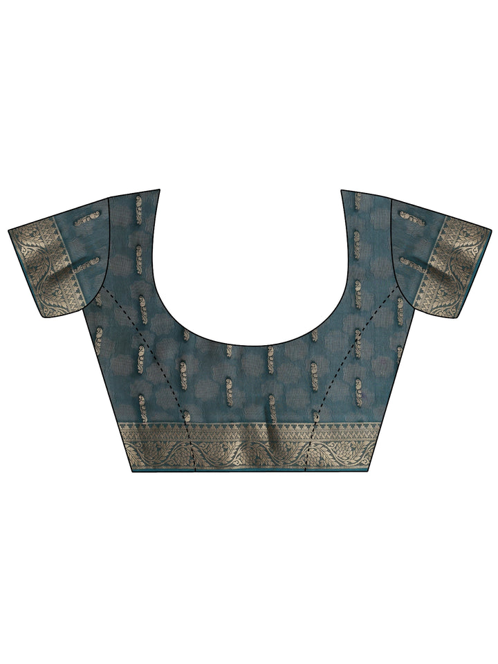 Blue Printed Silk Blend Saree With Unstitched Blouse Piece