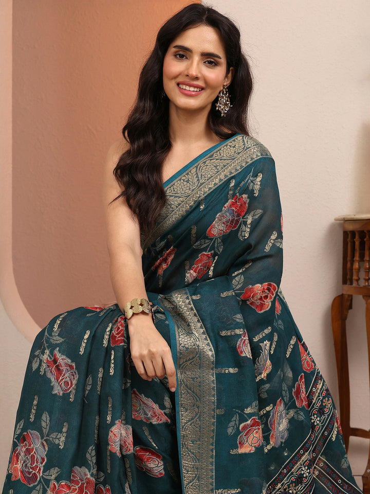 Blue Printed Silk Blend Saree With Unstitched Blouse Piece