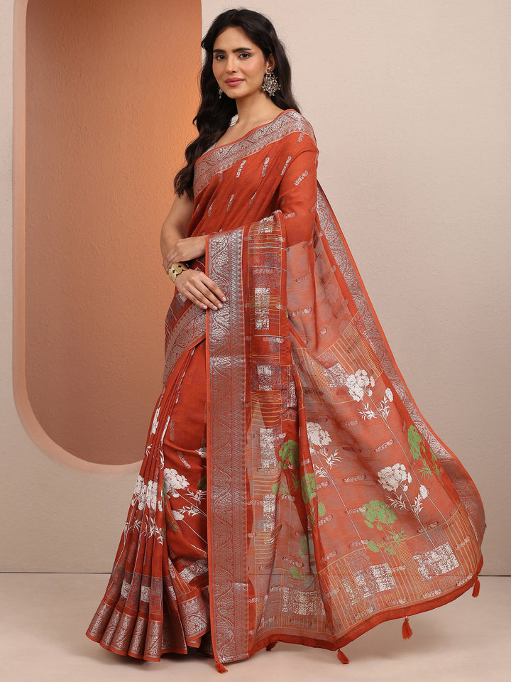 Rust Printed Silk Blend Saree With Unstitched Blouse Piece