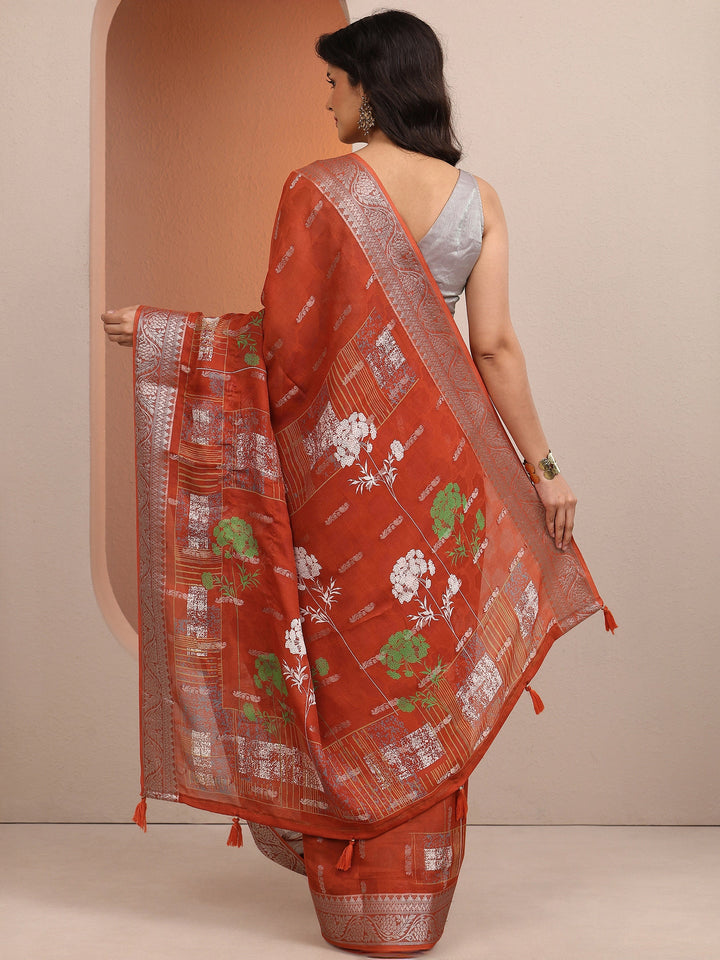 Rust Printed Silk Blend Saree With Unstitched Blouse Piece