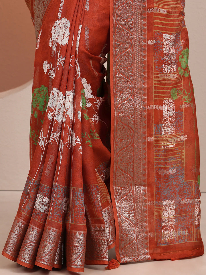 Rust Printed Silk Blend Saree With Unstitched Blouse Piece