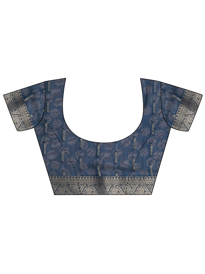 Blue Printed Silk Blend Saree With Unstitched Blouse Piece