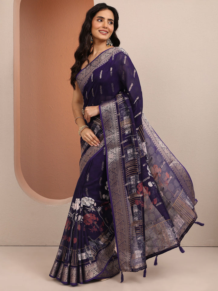Purple Printed Silk Blend Saree With Unstitched Blouse Piece