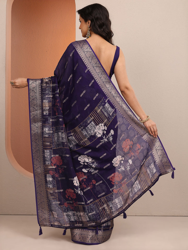 Purple Printed Silk Blend Saree With Unstitched Blouse Piece