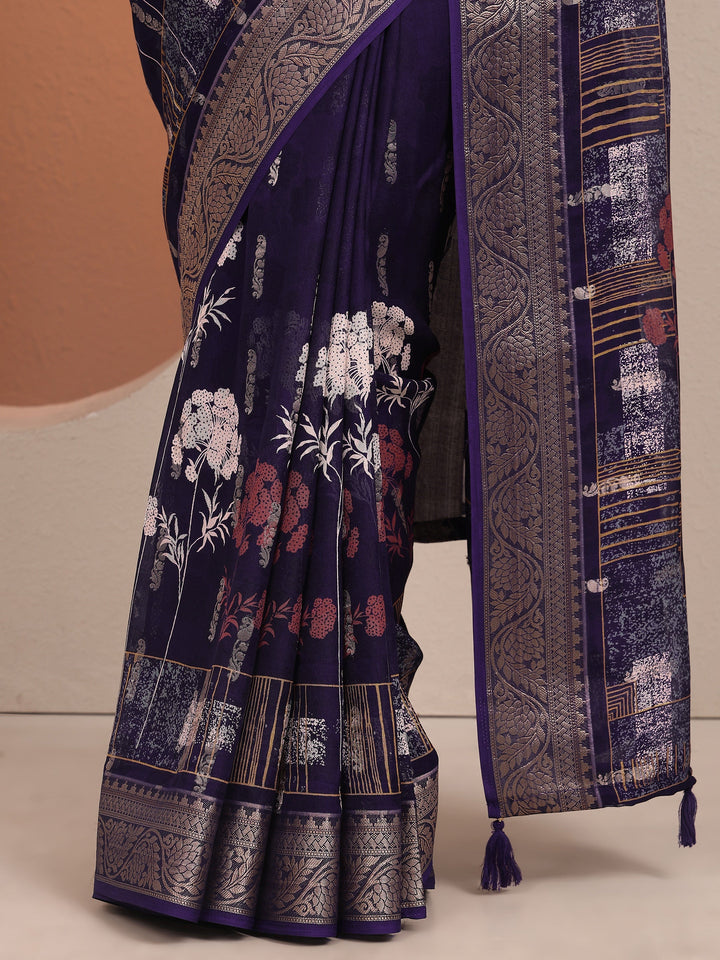 Purple Printed Silk Blend Saree With Unstitched Blouse Piece