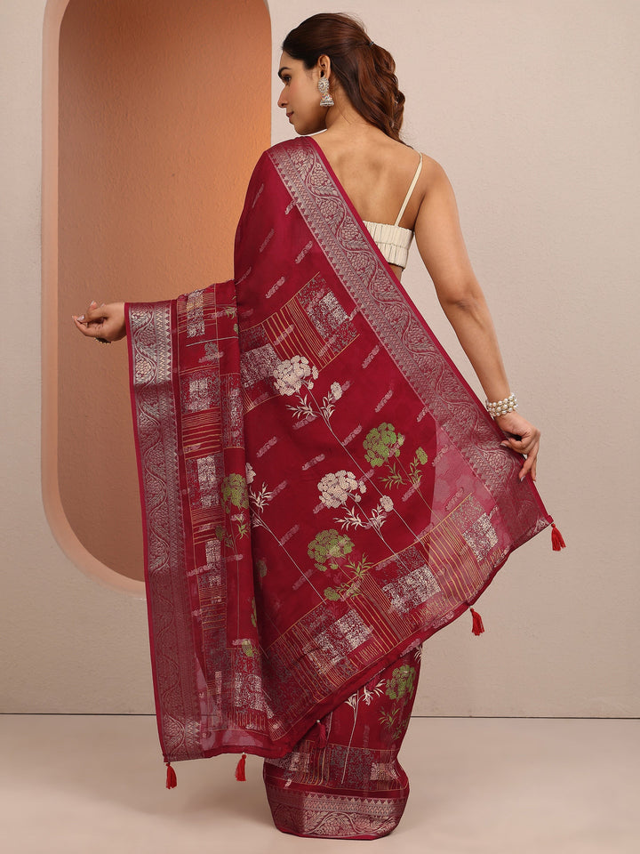 Red Printed Silk Blend Saree With Unstitched Blouse Piece