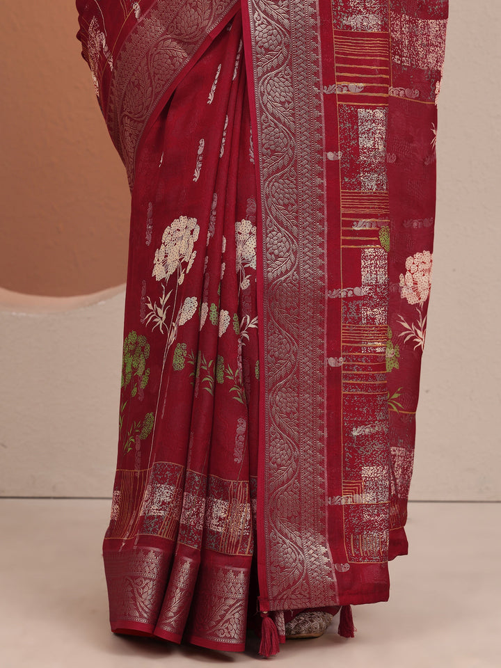 Red Printed Silk Blend Saree With Unstitched Blouse Piece