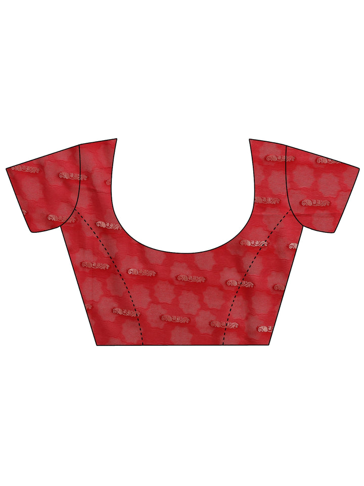 Red Printed Silk Blend Saree With Unstitched Blouse Piece