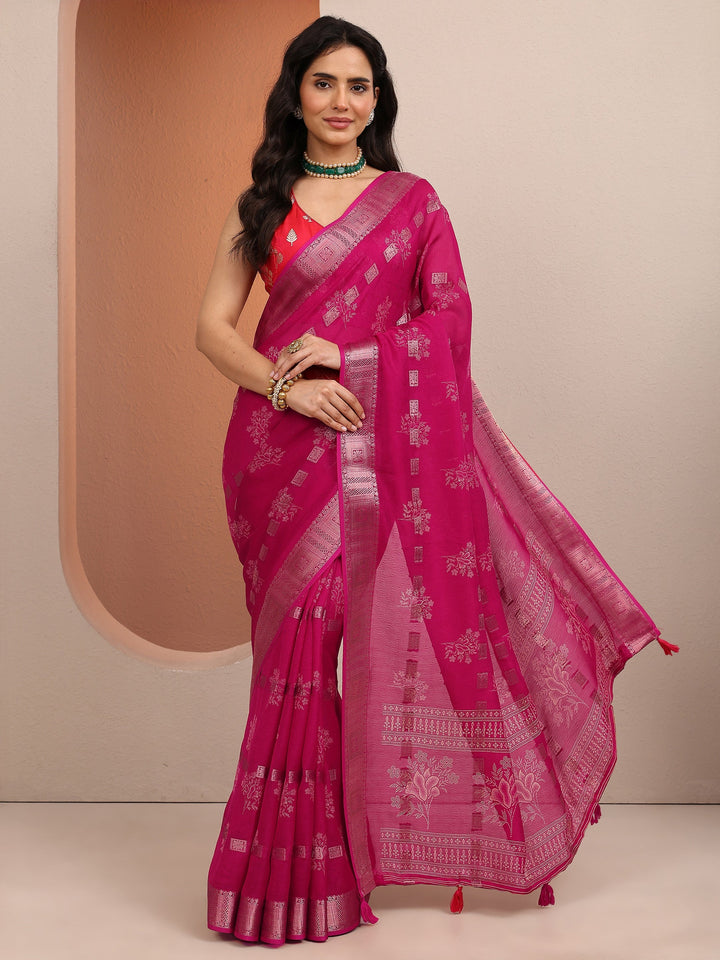 Pink Printed Silk Blend Saree With Unstitched Blouse Piece