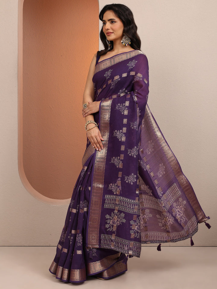 Purple Printed Silk Blend Saree With Unstitched Blouse Piece