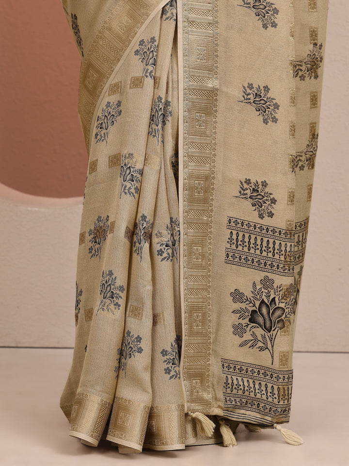 Beige Printed Silk Blend Saree With Unstitched Blouse Piece