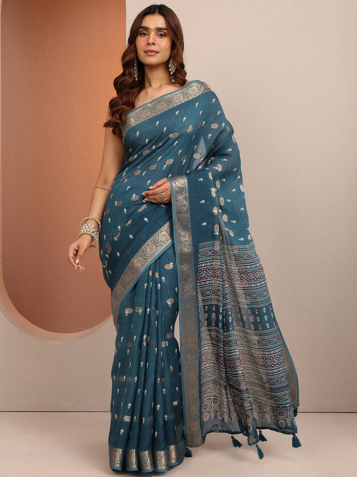 Blue Printed Silk Blend Saree With Unstitched Blouse Piece