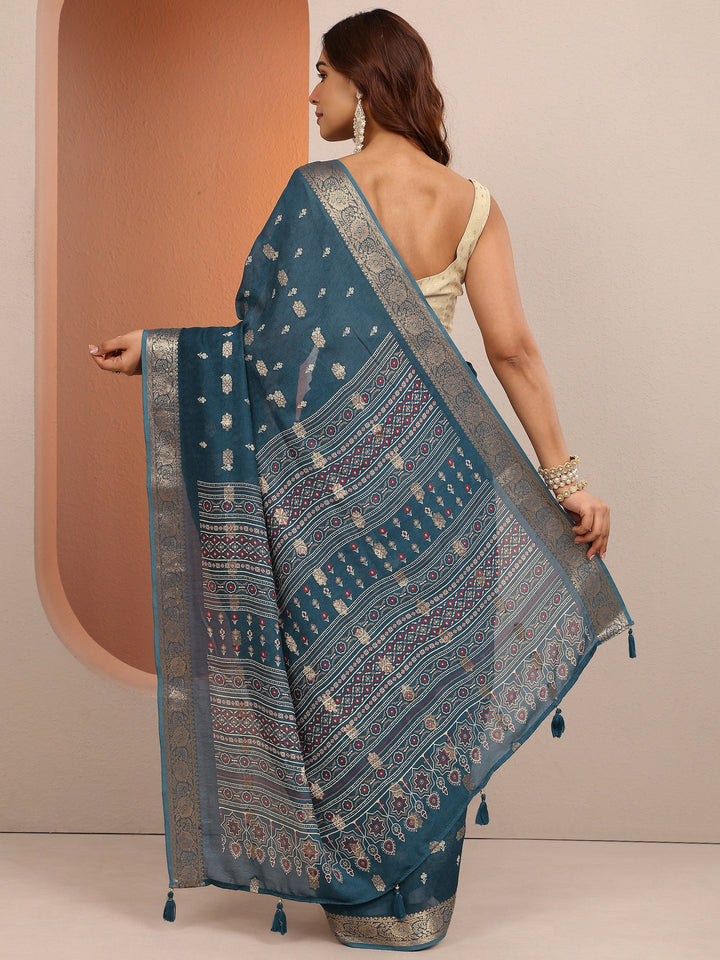 Blue Printed Silk Blend Saree With Unstitched Blouse Piece