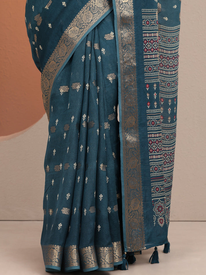 Blue Printed Silk Blend Saree With Unstitched Blouse Piece