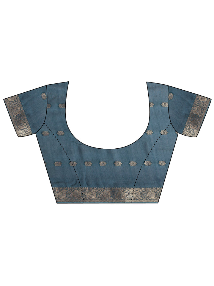 Blue Printed Silk Blend Saree With Unstitched Blouse Piece