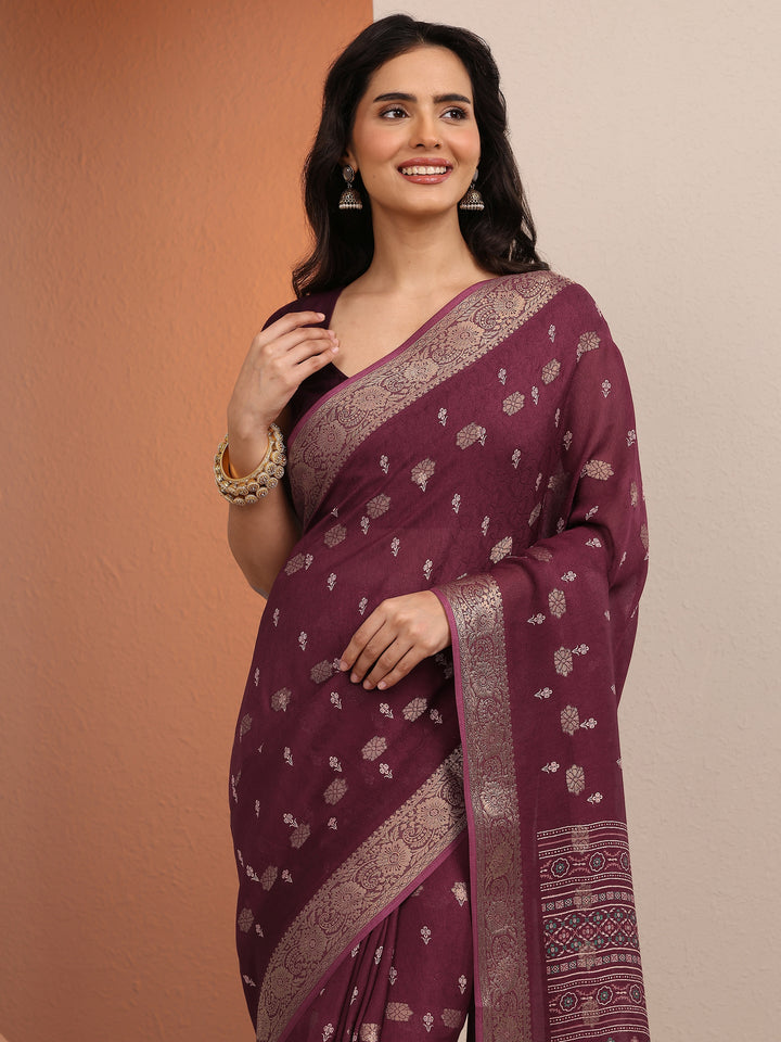 Burgundy Printed Silk Blend Saree With Unstitched Blouse Piece