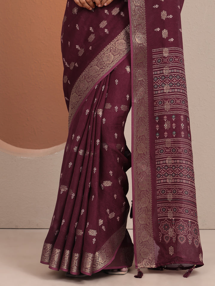 Burgundy Printed Silk Blend Saree With Unstitched Blouse Piece