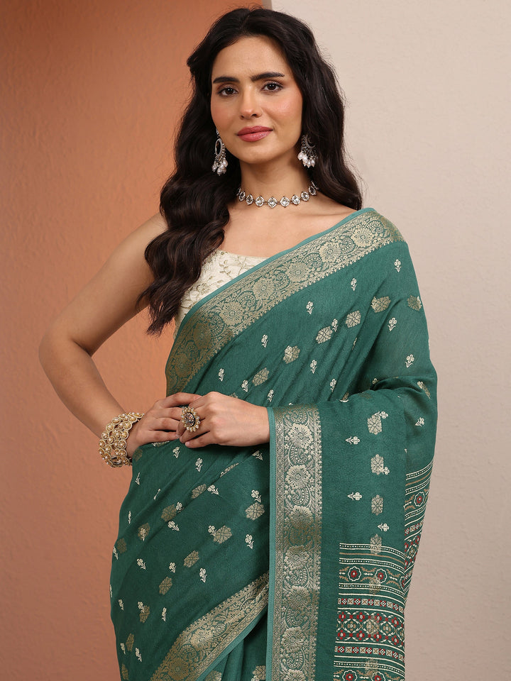 Green Printed Silk Blend Saree With Unstitched Blouse Piece