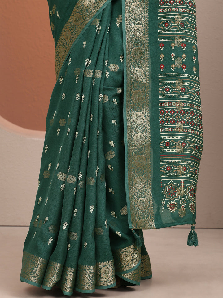 Green Printed Silk Blend Saree With Unstitched Blouse Piece