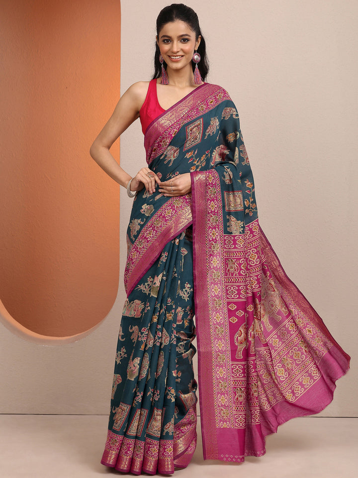 Blue Printed Silk Blend Saree With Unstitched Blouse Piece
