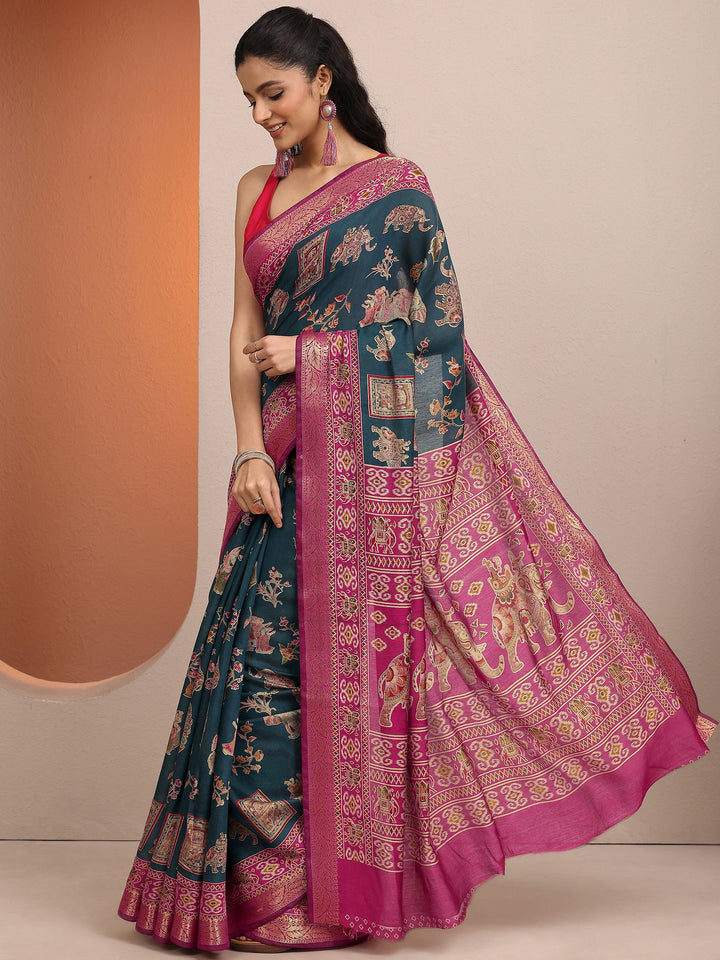 Blue Printed Silk Blend Saree With Unstitched Blouse Piece