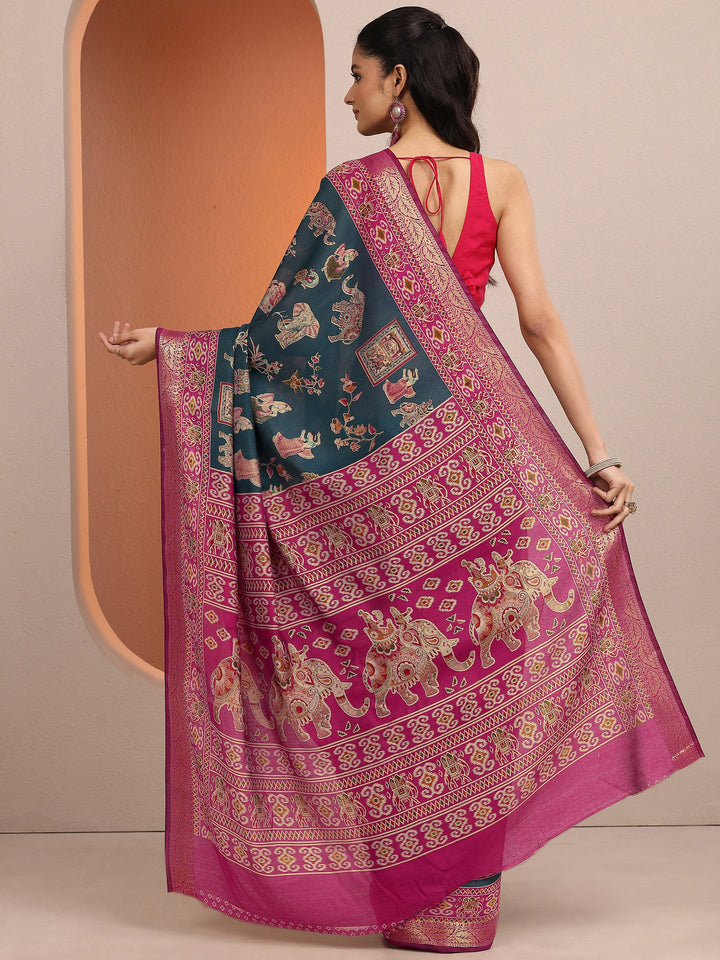 Blue Printed Silk Blend Saree With Unstitched Blouse Piece