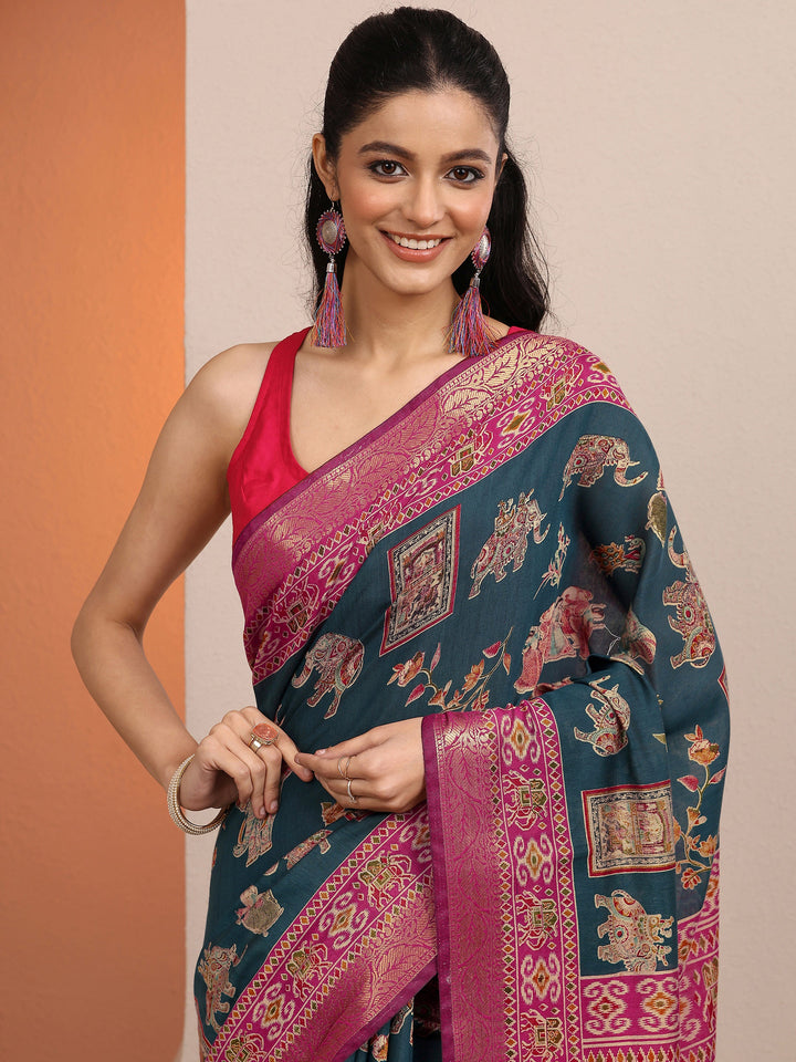 Blue Printed Silk Blend Saree With Unstitched Blouse Piece