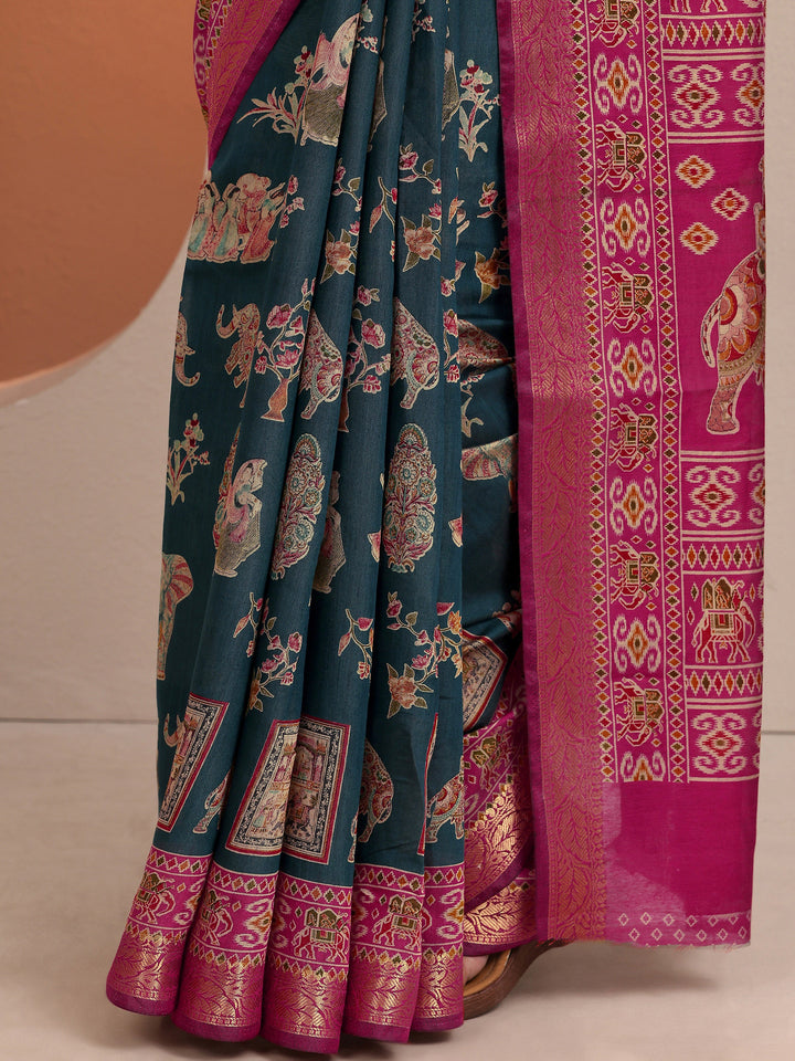 Blue Printed Silk Blend Saree With Unstitched Blouse Piece