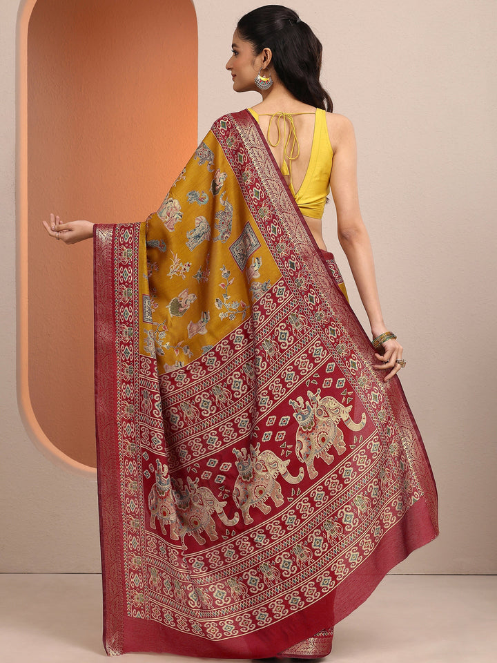 Mustard Printed Silk Blend Saree With Unstitched Blouse Piece