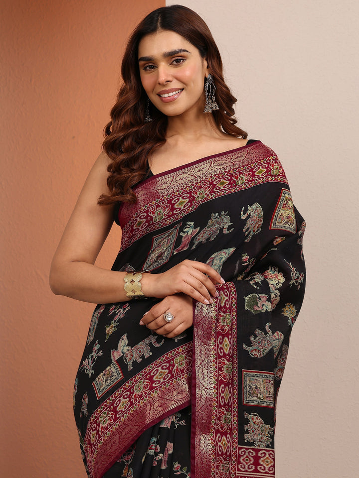 Black Printed Silk Blend Saree With Unstitched Blouse Piece