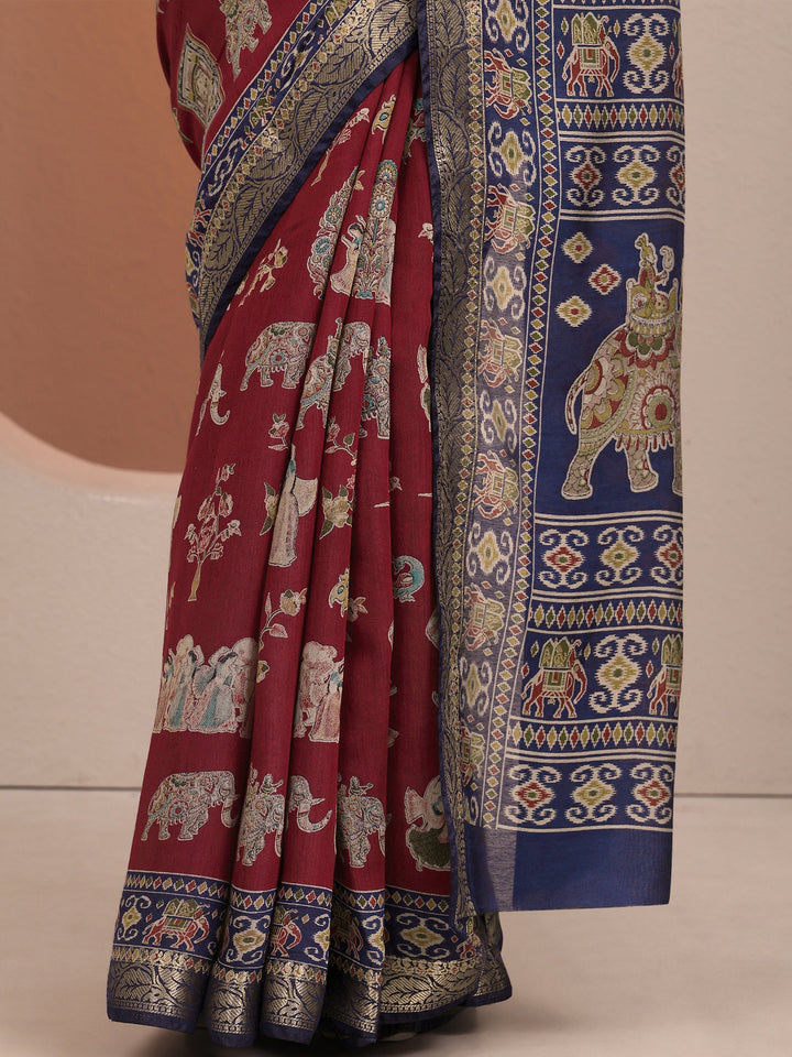 Red Printed Silk Blend Saree With Unstitched Blouse Piece