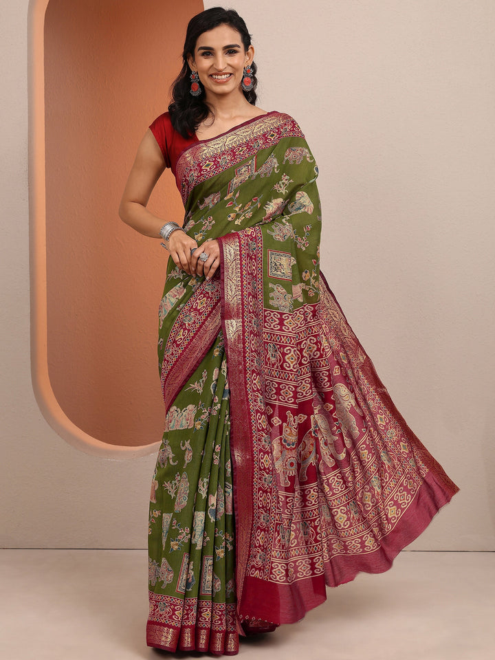 Green Printed Silk Blend Saree With Unstitched Blouse Piece