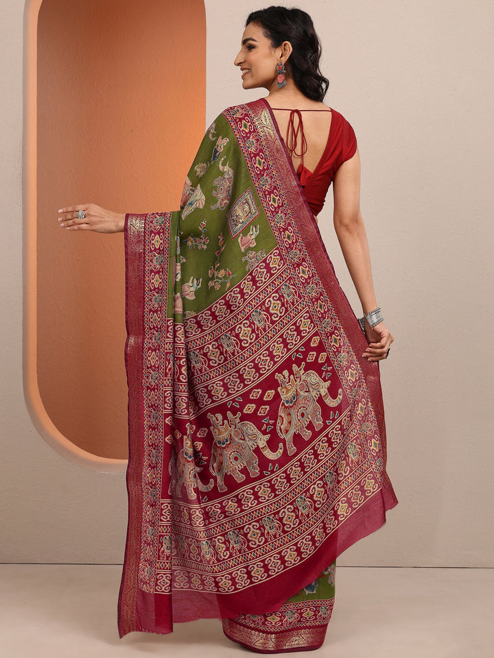 Green Printed Silk Blend Saree With Unstitched Blouse Piece