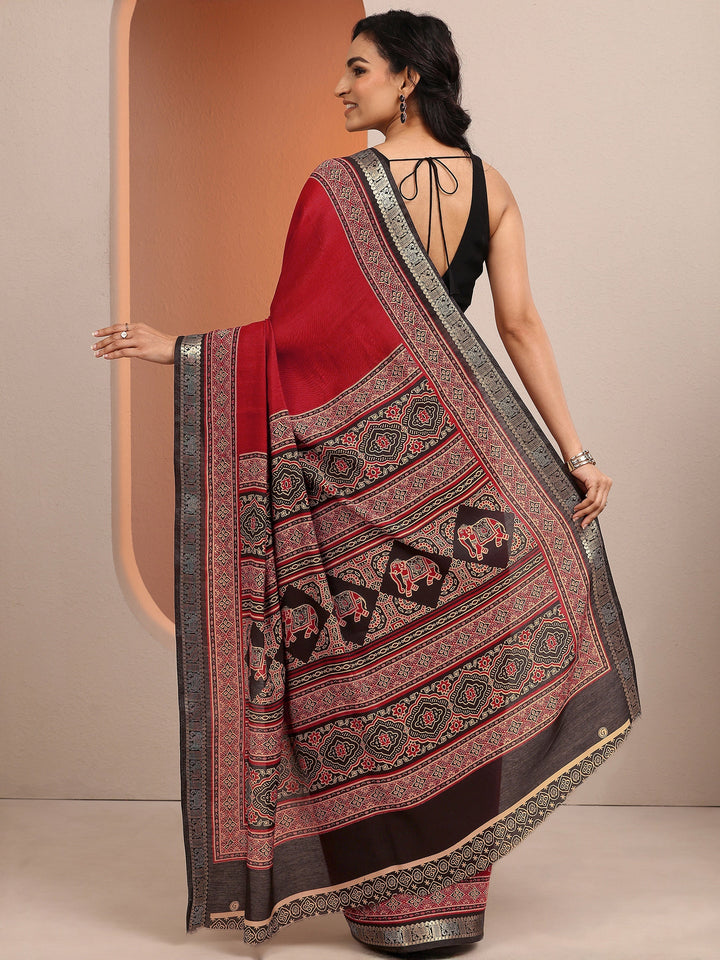 Red Printed Silk Blend Saree With Unstitched Blouse Piece