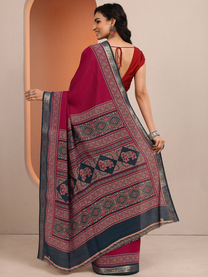 Pink Printed Silk Blend Saree With Unstitched Blouse Piece